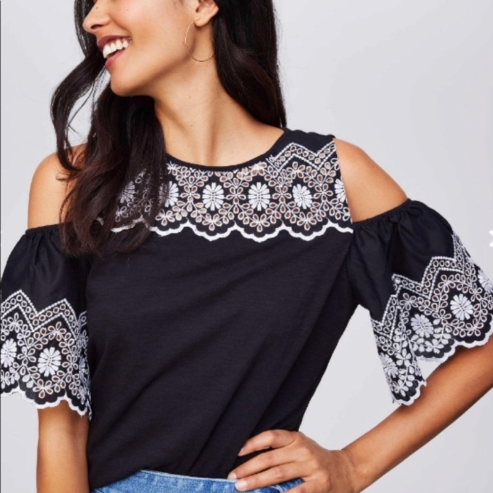 LOFT Black and White Eyelet Cold Shoulder Top XS